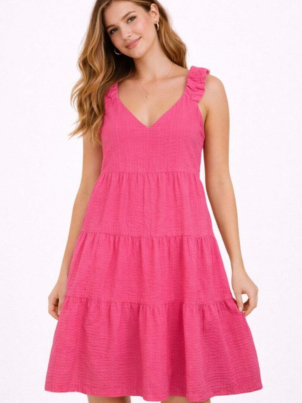 Old Navy Hot Pink Seersucker Tiered Maxi Dress Sleeveless Ruffle Strap Small